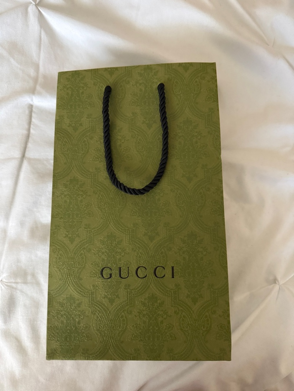 Gucci Olive Green Embossed Paper Gift Bag with Black Rope Handles